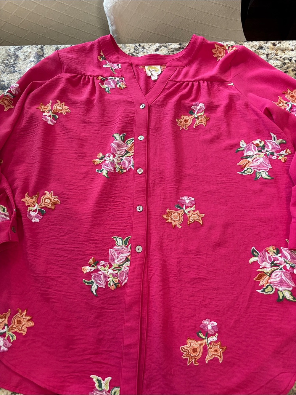fig and flower Hot Pink Floral Embroidered Button-Front Top